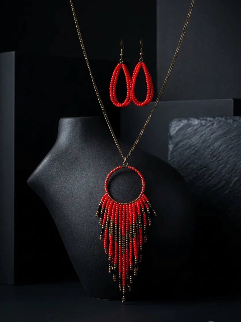 paparazzi Red Beaded Fringe Necklace and Teardrop Earrings Set